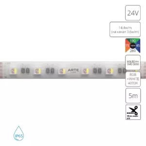 Светодиодная лента 24V 14,4W/m (на канал 3,6W/m) RGB+W 4000К 5м IP65 Arte Lamp AQUA TAPE A2406012-05-RGB4K Светодиодная лента 24V 14,4W/m (на канал 3,6W/m) RGB+W 4000К 5м IP65 Arte Lamp AQUA TAPE A2406012-05-RGB4K
