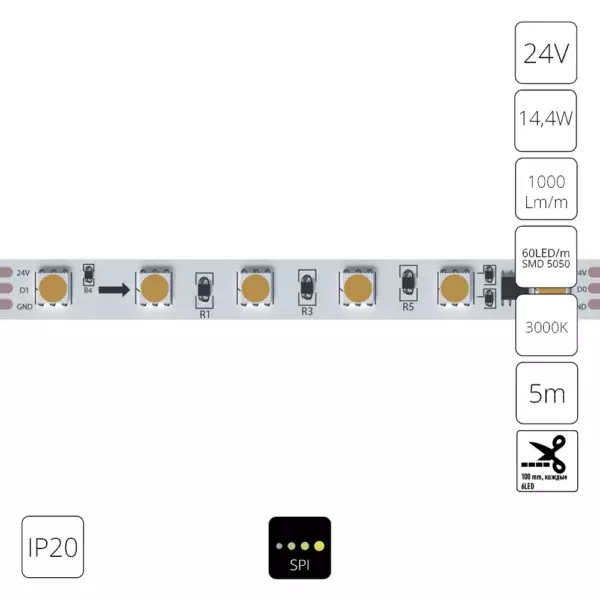 Светодиодная лента 24V 14,4W/m 3000К 5м IP20 Arte Lamp SPI A2406010-03-3K Светодиодная лента 24V 14,4W/m 3000К 5м IP20 Arte Lamp SPI A2406010-03-3K