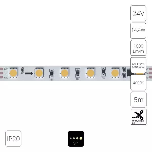 Светодиодная лента 24V 14,4W/m 4000К 5м IP20 Arte Lamp SPI A2406010-04-4K Светодиодная лента 24V 14,4W/m 4000К 5м IP20 Arte Lamp SPI A2406010-04-4K