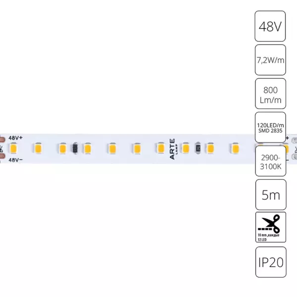 Светодиодная лента 48V 7,2W/m 3000К 5м Arte Lamp TAPE A4812010-01-3K Светодиодная лента 48V 7,2W/m 3000К 5м Arte Lamp TAPE A4812010-01-3K