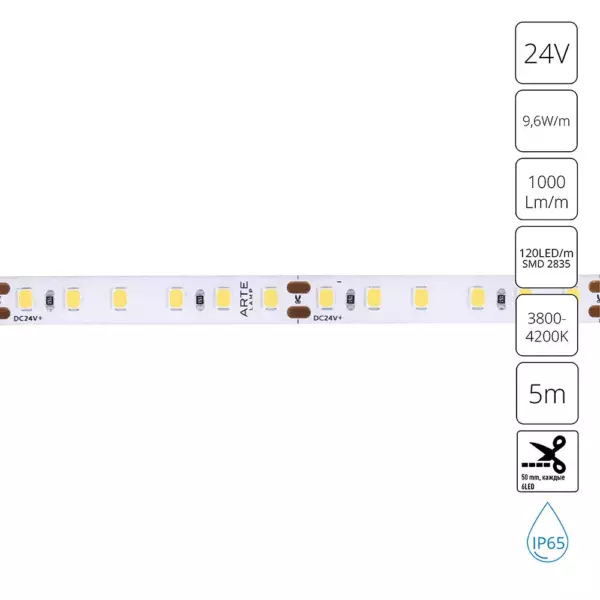 Светодиодная лента 24V 9,6W/m 4000К 5м Arte Lamp AQUA TAPE A2412008-05-4K Светодиодная лента 24V 9,6W/m 4000К 5м Arte Lamp AQUA TAPE A2412008-05-4K