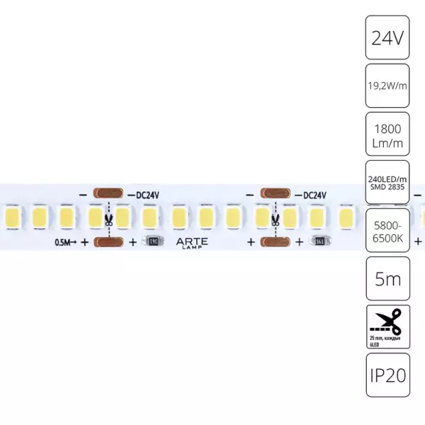 Светодиодная лента 24V 19,2W/m 6000К 5м Arte Lamp TAPE A2424010-03-6K Светодиодная лента 24V 19,2W/m 6000К 5м Arte Lamp TAPE A2424010-03-6K