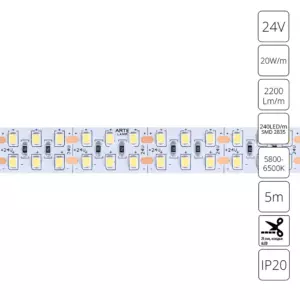 Светодиодная лента 24V 20W/m 6000К 5м Arte Lamp TAPE A2424015-03-6K Светодиодная лента 24V 20W/m 6000К 5м Arte Lamp TAPE A2424015-03-6K