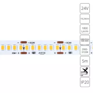 Светодиодная лента 24V 19,2W/m 3000К 5м Arte Lamp TAPE A2424010-01-3K Светодиодная лента 24V 19,2W/m 3000К 5м Arte Lamp TAPE A2424010-01-3K