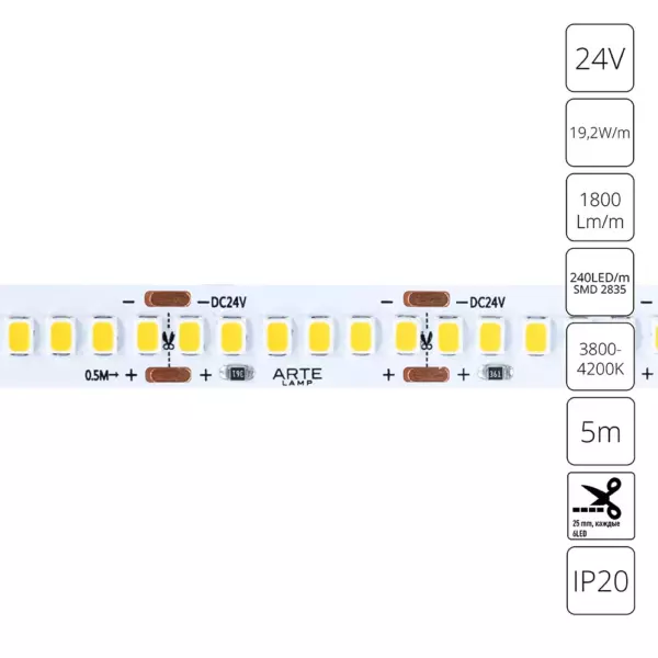 Светодиодная лента 24V 19,2W/m 4000К 5м Arte Lamp TAPE A2424010-02-4K Светодиодная лента 24V 19,2W/m 4000К 5м Arte Lamp TAPE A2424010-02-4K